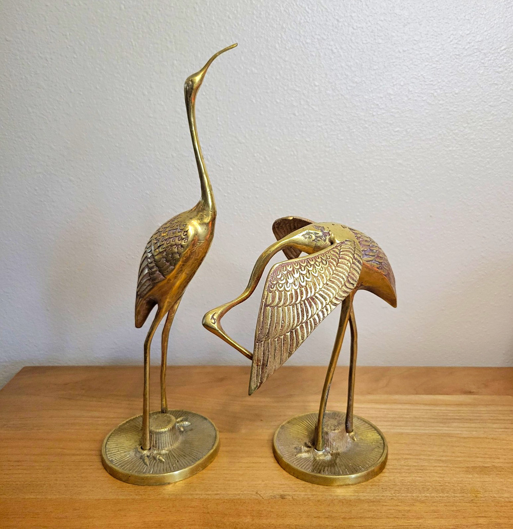 Vintage Brass Crane Heron Bird Figurines Set of 2 Mid Century Modern MCM Pair